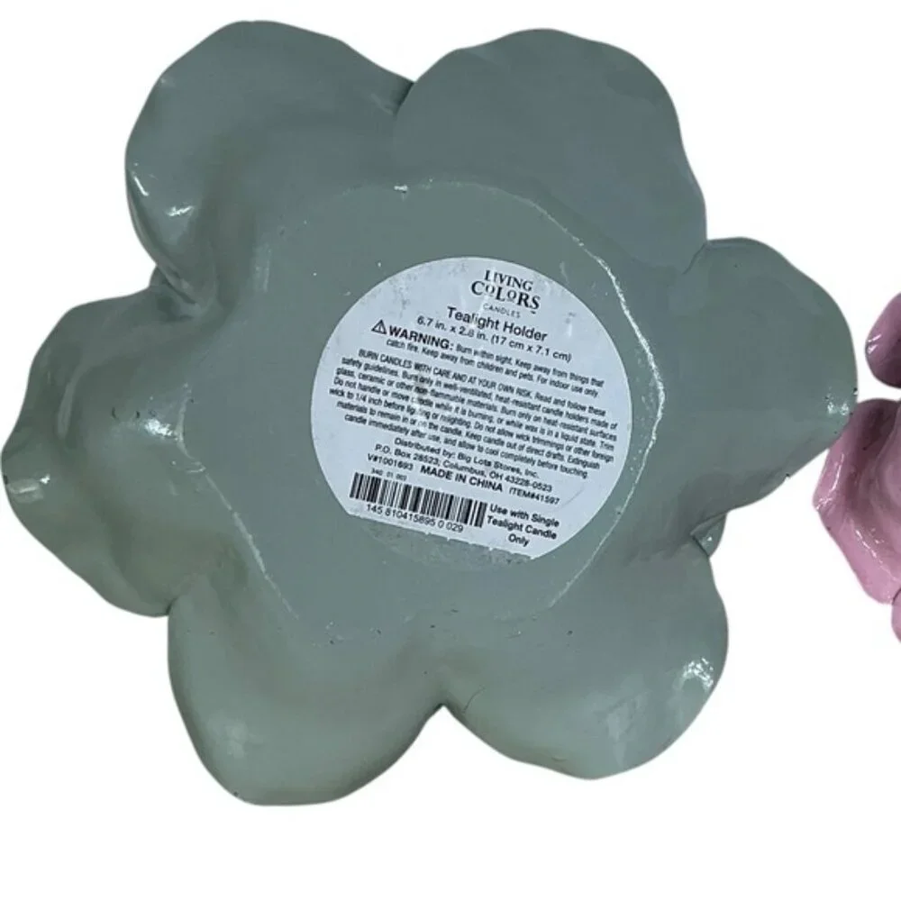 Artisan Ceramic Floral Candle Holders Green Pink Vintage Set of 2 NWOT